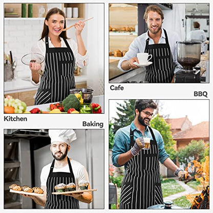 NLUS 2 Pack Cooking Aprons for Women with Pockets Adjustable Kitchen Bib Aprons for Women Men Chef, Black/White Stripe (Black/White Stripes) - color: Dark Black/White-2