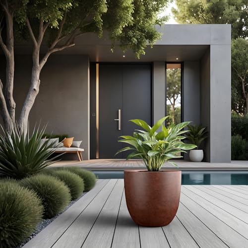 Kante Accent Round Bowl Rusty Concrete Planter 14" Dia, Outdoor - color: Rusty, size: 14"d