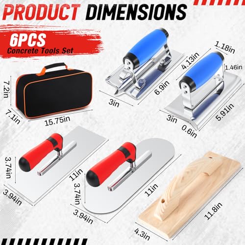 MorningRo 6pcs Concrete Hand Tools Set Masonry Tools Includes Stainless Steel Concrete Hand Edger, Groover, Wood Float, Finishing Trowel, Pool Trowel and Tool Bag for Cement Beginner Kit