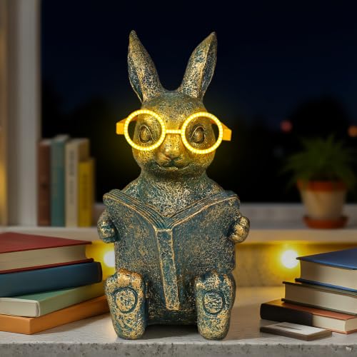 Reading Rabbit Garden Decor with Solar-Powered Glasses Light - size: Rabbit