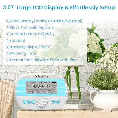 Sainlogic Smart Self-Watering System for 15 Potted Plants, Automatic Plant Waterer with Humidity Display, Deep Root Irrigation, IP64 Programmable Timer, for Vacation, Travel and Indoor Gardens