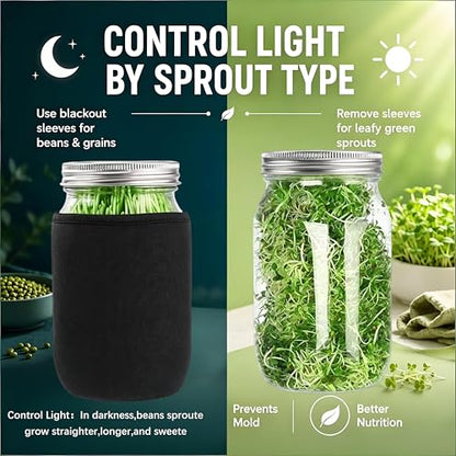 Premium Sprouting Jar Kit 2-Wide Mouth Mason Jars with Mesh Sprout Lids - color: Green