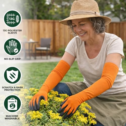 Long Sleeve Gardening Gloves Nitrile-Coated No Slip Grip Cut Proof - color: Orange, size: Small
