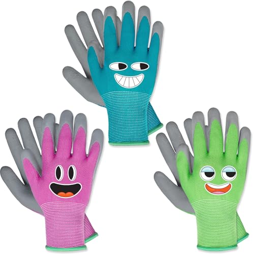 KDK 3 Pairs Kids Gardening Gloves Age 3-12 Toddler Rubber Coated Garden - size: Medium (Age 6-8)