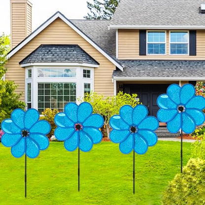 4PCS Flower Wind Spinner Sparkly Lawn Pinwheel 11.8 inch Blue Garden Windmill for Garden, Party, Outdoor, Yard Decor - size: Blue