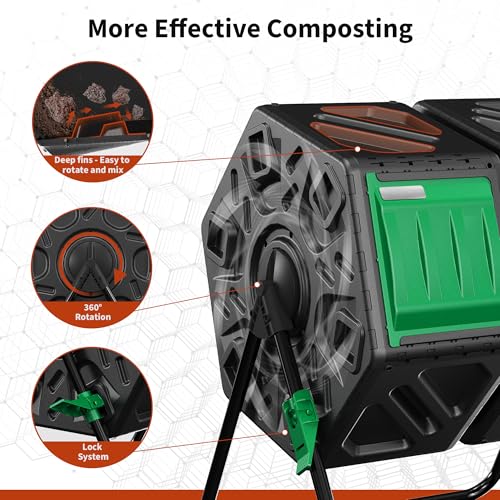 Compost Bin, 37-Gal Dual Chamber Composter Tumbler, Black Green
