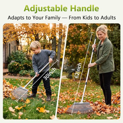 Adjustable Leaf Rake, Lightweight 18" Wide Garden Rake, 62" Long Handle