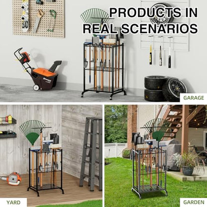 RANXFLOAT Garden Tool Organizer with Storage Hooks, Yard Tool Tower Rack for Garage Organization and Storage, Up to 35 Long-Handled Tools, Metal Tool Holder with 6 Hooks, Black