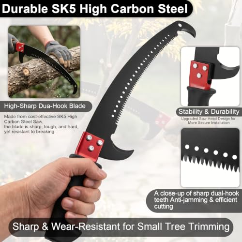 LEVELEVE Manual Pole Saw,4.6-9.8 ft Extendable Tree Pruner, Sturdy 6 Section Steel Pole,High Carbon Steel Double-Hook Blade,Branch Trimmer for Low & Medium Branches, Shrubs, Garden, Patio and Yard Use