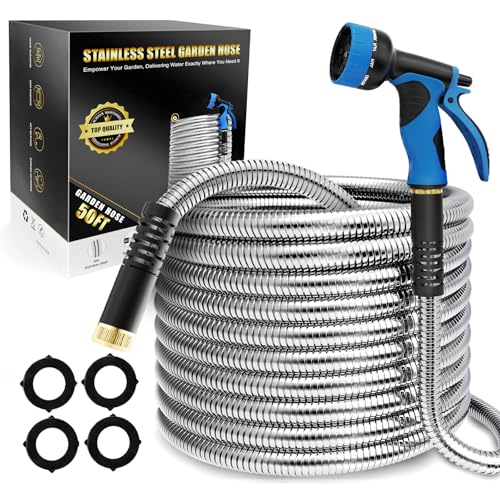 Lefree 50ft Metal Garden Hose with Upgraded Leak‑Proof Rubber Sleeve - color: Silver, size: 50FT