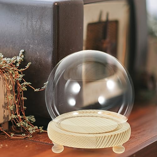 HOMSFOU Glass Dome Display Case 4.72 Inch Clear Spherical Cloche with Base for Diy Micro Landscape Preserved Flower Display and Home Decor