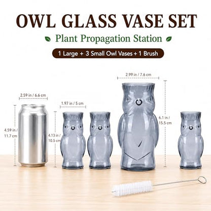 Nacome Owl Plant Propagation Station: Set of 4 Cute Grey Glass Vases - color: Gray