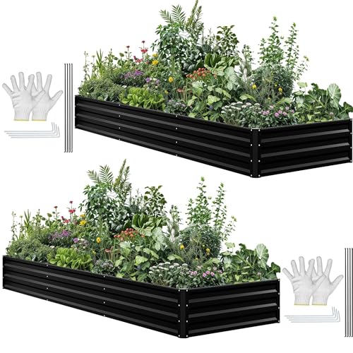 DWVO 2pcs 12 x 4 x 1 FT Raised Garden Bed Kit, Outdoor Galvanized Flower Bed with Safety Rubber and Gloves, Large Metal Planter Box for Vegetables, Flowers, Herbs, Fruits, Black - color: Black, size: 12x4x1ft 2pcs