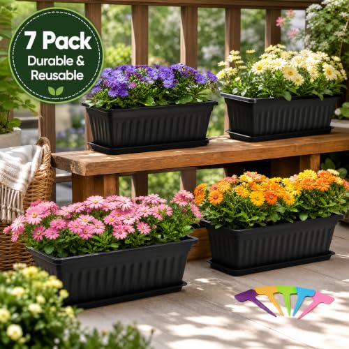Fasmov 7 Pack 17 Inches Flower Window Box Plastic Vegetable Planters with Trays Vegetables Growing Container Garden Flower Plant Pot with 7 Pcs Plant Labels for Balcony, Patio, Garden, Black - color: 7pack,black