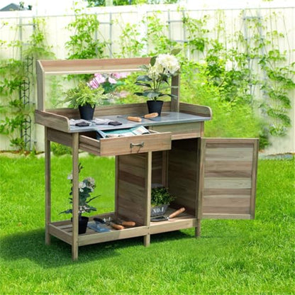 44-Inch Wooden Potting Bench with Galvanized Metal Tabletop, Garden Workbench with Storage Cabinet, Drawer, Hooks, Waterproof Surface for Greenhouse, Patio