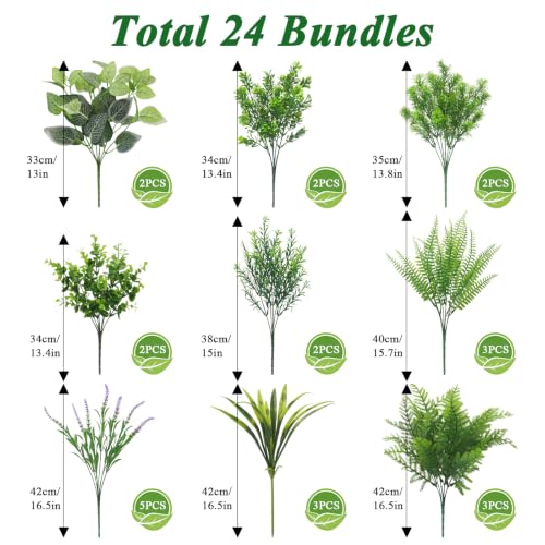 24 Bundles Artificial Greenery for Outdoor Fake Green Plant Eucalyptus Fern - color: Green