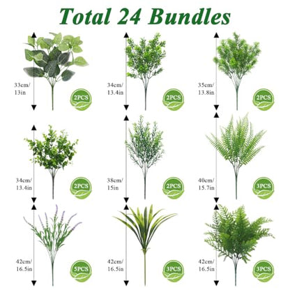 24 Bundles Artificial Greenery for Outdoor Fake Green Plant Eucalyptus Fern - color: Green