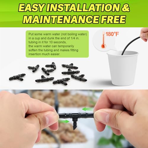 100 Pack 1/4" Drip Irrigation Tee Fittings：1/4'' Drip Line Double Barbed Tee Connectors for 1/4 Inch Irrigation Tubing Quarter Inch 3-Way T Connector for Irrigation System - size: 1/4" Tee-100P