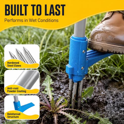 PASAMIC Stand Up Weed Puller Tool with Long Handle, 40In Weeding Tool with 3-Claw Steel Tip & Ejector Button, Royal Blue