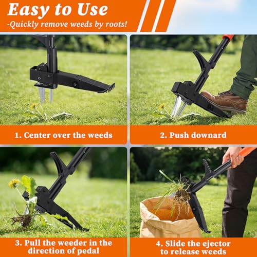 Stand-Up Weeder Puller Tool with Quick-Release Ejector & Foot Pedal, 39” Adjustable Long T Handle, 4 Claw Steel Head for Effortless Deep Root Weed Removal, Heavy Duty Garden Manual Weeder Tool