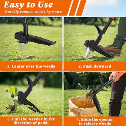 Stand-Up Weeder Puller Tool with Quick-Release Ejector & Foot Pedal, 39” Adjustable Long T Handle, 4 Claw Steel Head for Effortless Deep Root Weed Removal, Heavy Duty Garden Manual Weeder Tool