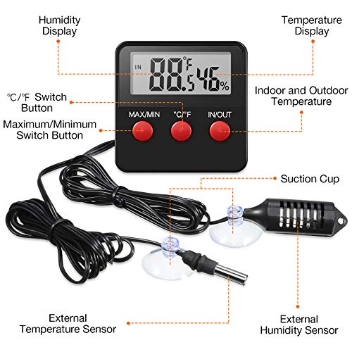 Weewooday 2 Pcs Digital Reptile Thermometer Hygrometer Gauge with Probes