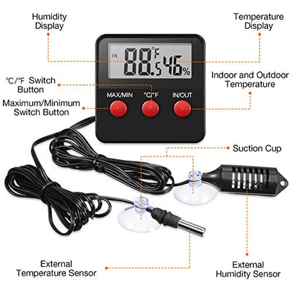 Weewooday 2 Pcs Digital Reptile Thermometer Hygrometer Gauge with Probes