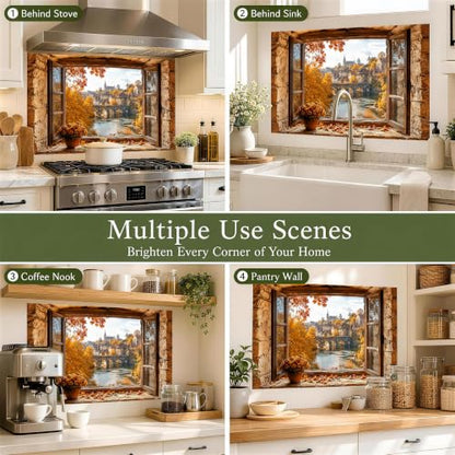 Autumn Village Backsplash Sticker 17.3 x 28 in Peel and Stick PVC - color: Colorful1601