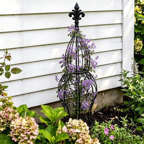 2-Pack Iron Garden Obelisk Trellis, 30" Rose Climbing Plant Support - color: Classic Fleur-de-Lis Obelisk Trellis