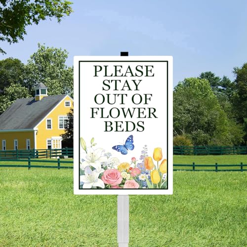 Please Stay Out Of Flower Beds Sign With Stakes Do Not Walk in Flower Bed Rustproof Reflective Aluminum Keep Off Pollinator Habitat Garden Yard Signs Outdoor 8x12 inches - color: F2