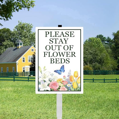 Please Stay Out Of Flower Beds Sign With Stakes Do Not Walk in Flower Bed Rustproof Reflective Aluminum Keep Off Pollinator Habitat Garden Yard Signs Outdoor 8x12 inches - color: F2