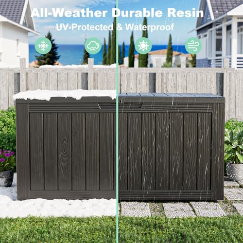 Outdoor Waterproof Resin Storage Deck Box Lockable Outside Bench UV Resistant Bin Patio Porch Furniture Pool Float Garden Tool Cushion (Black, 85 Gallon)