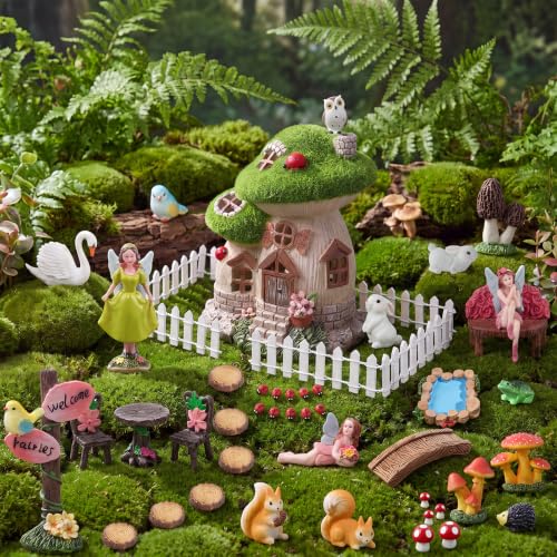 56Pcs DIY Fairy Garden Resin Kit Solar Lighted Mushroom House