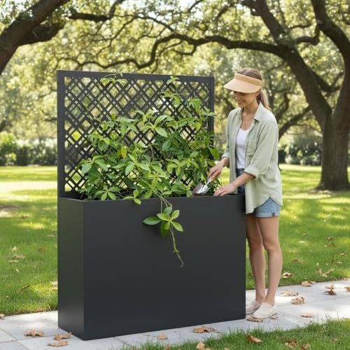 Metal Planter Box with Trellis, 35" Lx11.8 Wx47 H Metal Raised Garden Bed with Trellis and Drainage Holes, Outdoor Standing Flower Bed for Climbing Plants,Vegetables,and Vines(Diamond) - size: 1 PCS 35" Lx11.8" Wx47" H - Diamond