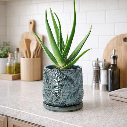 D'vine Dev Embossed Leaves Ceramic Planter, 5 in, Ocean Teal, 27-A-V-8 - color: Ocean Teal, size: 5 Inch