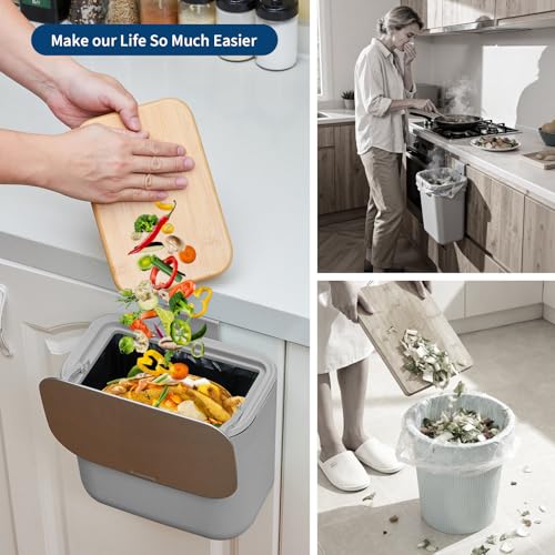 1.85 Gal/7L Hanging Trash Can, Stainless Steel Compost Bin with Lid & Hook, Small Garbage Can for Kitchen Counter, Bathroom Sink, Office Desk, Space-Saving Rubbish Bin - Grey - size: 1.85 Gallon /7 Liter