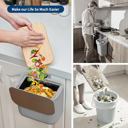 1.85 Gal/7L Hanging Trash Can, Stainless Steel Compost Bin with Lid & Hook, Small Garbage Can for Kitchen Counter, Bathroom Sink, Office Desk, Space-Saving Rubbish Bin - Grey - size: 1.85 Gallon /7 Liter