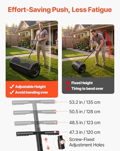 VEVOR Compost Spreader, 44" Wide Peat Moss Spreader with Push/Tow Handle, 4 Heights Adjustable, Powder-Coated Steel Garden Peat Moss Roller, Heavy Duty Grass Seed R - size: 44in