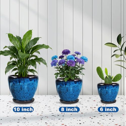 Ceramic Plant Pots With Saucer & Drainage Hole, 10 inch Indoor Flower Pots - color: Blue, size: 10 inch