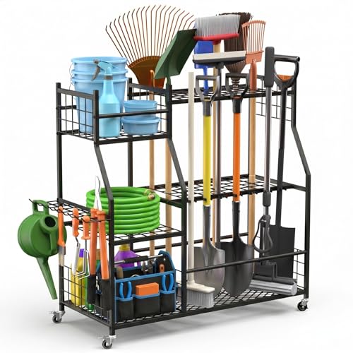 Faesun Garden Tool Organizer with Wheels for Garage,Extra Large Capacity Rolling Yard Tool Storage Rack,Holds 24 Tools + 10 Secure Slots, Heavy Duty Cart for Shed,Garden & Outdoor Use - size: Plus-Large Wheels