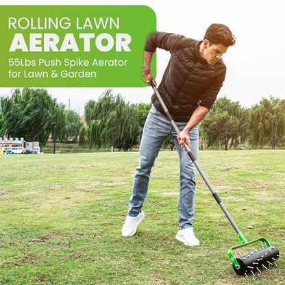 Manual Lawn Aerator Roller Tool 42 Steel Spikes, 57-in Rolling Lawn Aerator - style: Rolling Aerator