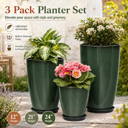 Neoaider Set of 3 Tall Planter, 24/21/12in Large Plastic Planter, DarkGreen - color: Dark Green