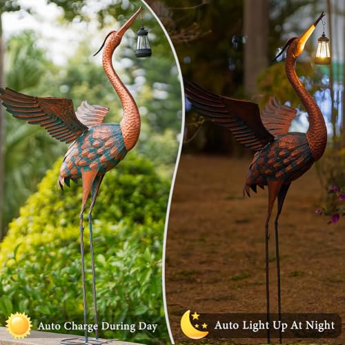 48'' Large Heron Garden Statue with Solar Lantern - color: 48 Inch Brown With Solar Lantern