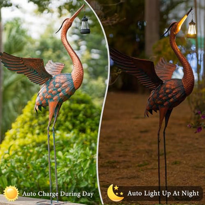 48'' Large Heron Garden Statue with Solar Lantern - color: 48 Inch Brown With Solar Lantern