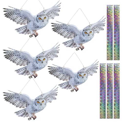 Hanging Owl Device for Outdoor Garden, 5 PCS Flat Reflective Owl with Tape and Bell to Keep Woodpecker Pigeon Away from Patio Yard Balcony Window, Weatherproof Animal Scare Decor - color: 5pcs-white-02