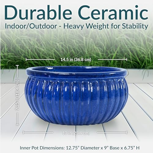 Sunnydaze 14.5" Round Ribbed Ceramic Planter Bowl, Imperial Blue