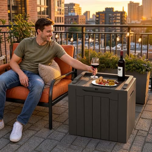 Flamaker Deck Box 31 Gallon Waterproof Resin Small Storage Box with Lid - color: Deep Brown, size: 31 Gallon