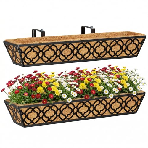 Y&M Deck Railing Planter Boxes 30 Inch 2 Pack, Adjustable Balcony Planter for Outdoor Plants, Metal Railing Planter Box for Deck, Fence and Porch, Window Boxes Outdoor, Sturdy Hanging Planter - size: Flower 30in 2P