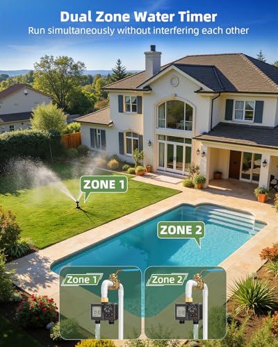 Sprinkler Timer 2 Zone,Water Timer for Garden Hose with Lithium Battery Hose Timers with Brass Inlet, Delay/Manual/Automatic Sprinkler Controller for Yard, Lawn,Garden IPX6 Waterproof