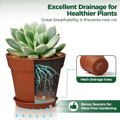 T4U Plant Pots 7.5 Inch 6 Pack, Plastic Flower Pots Indoor Drainage - color: Terracotta, size: 7.5 inch